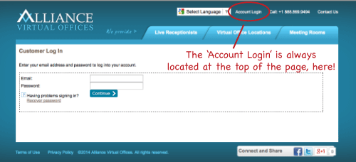Alliance Virtual Offices log-in screen