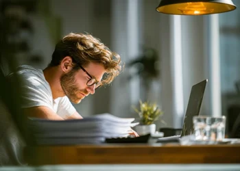 A small business owner reviewing financial documents at his desk while working on a laptop, focused on building business credit.