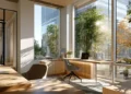 Bright satellite office space with floor-to-ceiling windows, natural light, a minimalist desk with laptop, and indoor plants in a modern coworking environment