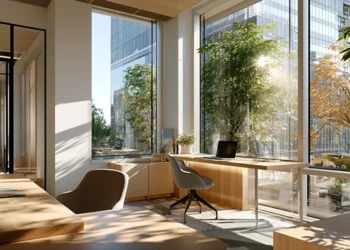 Bright satellite office space with floor-to-ceiling windows, natural light, a minimalist desk with laptop, and indoor plants in a modern coworking environment