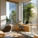 Bright satellite office space with floor-to-ceiling windows, natural light, a minimalist desk with laptop, and indoor plants in a modern coworking environment