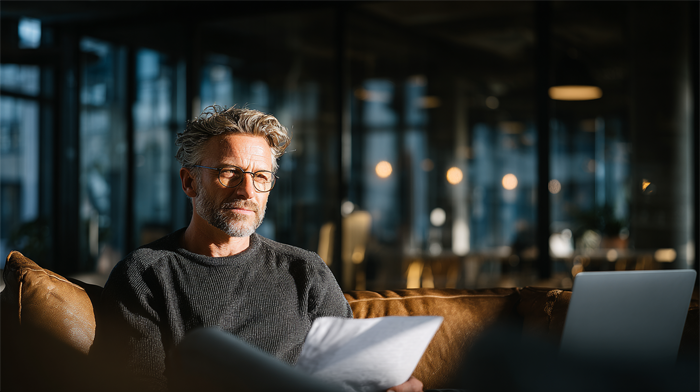 Alliance Virtual Offices vs Davinci Virtual Offices- Service Depth Cost Comparison for 2026 | Alliance Virtual Offices A focused professional reviews documents on a leather sofa inside a modern, warmly lit office space — the kind of presence a business address should project