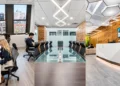 Three-panel view of an Alliance Virtual Offices location: private office, conference room, and reception area