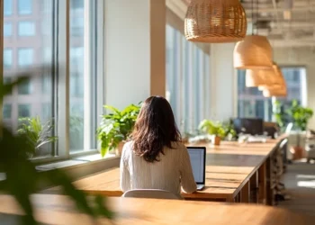 Woman working on a laptop at a shared wood desk in a bright coworking space with large windows and hanging wicker pendant lights.
