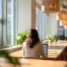 Regus Alternative- What You Actually Need vs What Youre Overpaying For | Alliance Virtual Offices Woman working on a laptop at a shared wood desk in a bright coworking space with large windows and hanging wicker pendant lights.