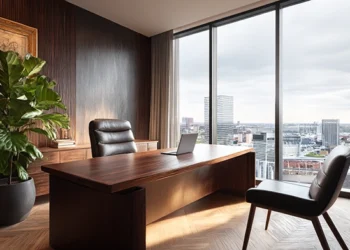 Virtual Business Address for LLC- Complete Guide 2026 | Alliance Virtual Offices Modern executive office with dark wood paneling, a walnut desk with an open laptop, leather chair, and floor-to-ceiling windows overlooking a city skyline.