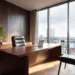 Modern executive office with dark wood paneling, a walnut desk with an open laptop, leather chair, and floor-to-ceiling windows overlooking a city skyline.
