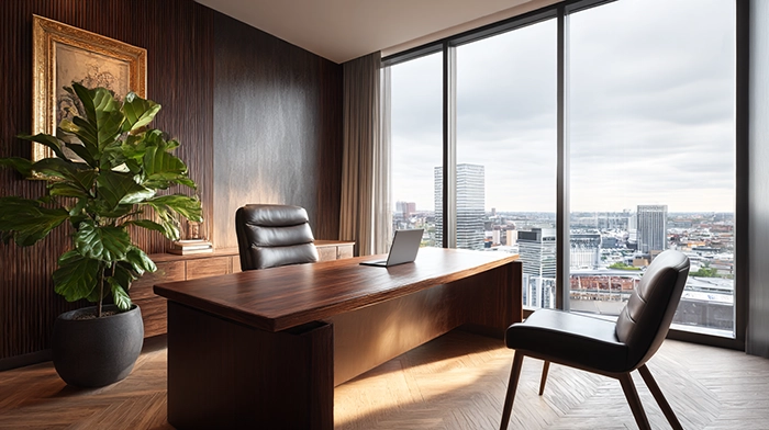 Virtual Business Address for LLC- Complete Guide 2026 | Alliance Virtual Offices Modern executive office with dark wood paneling, a walnut desk with an open laptop, leather chair, and floor-to-ceiling windows overlooking a city skyline.