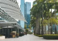 Palm-lined pedestrian walkway with outdoor cafe seating beside glass office towers in Singapore’s central business district