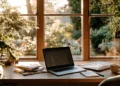Home office desk with a laptop showing email, a stack of mail, and coffee by a sunny window