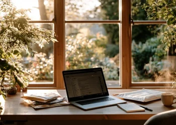 Home office desk with a laptop showing email, a stack of mail, and coffee by a sunny window