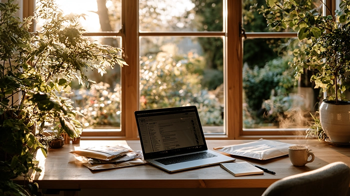 Business Address for Your Online Business- A Sellers Guide | Alliance Virtual Offices Home office desk with a laptop showing email, a stack of mail, and coffee by a sunny window