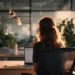 Telephone Answering Service- How It Works Cost Types | Alliance Virtual Offices Woman sitting at a desk with a laptop in a modern office with plants and warm lighting, representing a professional using a telephone answering service