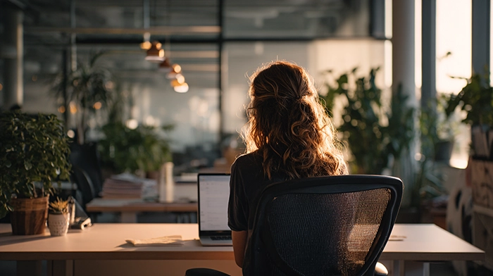 Telephone Answering Service- How It Works Cost Types | Alliance Virtual Offices Woman sitting at a desk with a laptop in a modern office with plants and warm lighting, representing a professional using a telephone answering service