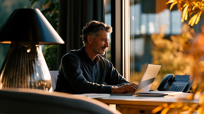 Best Phone System for Small Business- 2026 Buyers Guide | Alliance Virtual Offices Small business owner working on a laptop beside a desk phone, choosing a 2026 phone system