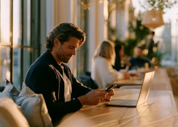 Man using his phone next to an open laptop at a sunlit café counter with people in the background