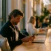 Best Virtual Phone Number for Small Business- Top Options Compared | Alliance Virtual Offices Man using his phone next to an open laptop at a sunlit café counter with people in the background