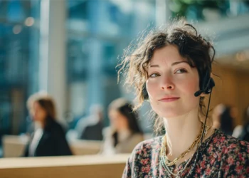 A live receptionist wearing a headset smiles confidently while working at a modern, well-lit office with colleagues in the background