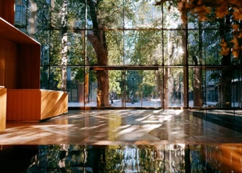 Modern virtual office building lobby with floor-to-ceiling glass windows, warm wood reception desk, and polished reflective floors overlooking a tree-lined city street