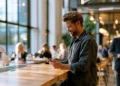 Professional using his phone in a modern coworking space, an on-demand alternative to a traditional office