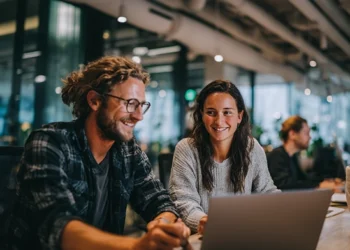 Two startup founders smiling while working together on a laptop in a modern shared workspace