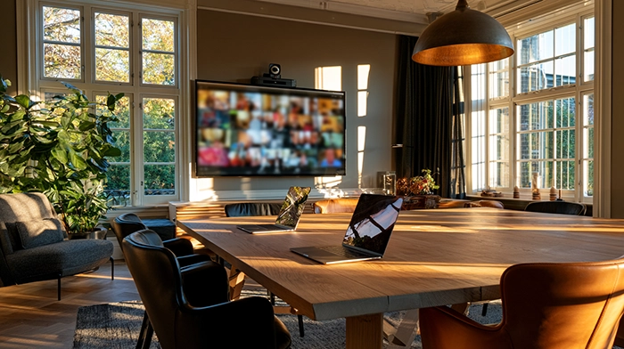 The Future of Meeting Rooms- 2026 Trends | Alliance Virtual Offices Modern meeting room with a large wooden conference table, laptops, and a wall-mounted screen showing a video call grid, lit by natural light from tall windows