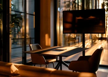 Professional meeting room with conference table, modern chairs, large presentation screen, and floor-to-ceiling windows at golden hour, ideal for interview room rental