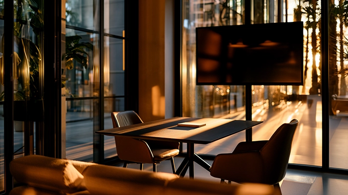 Meeting Room Rental for Interviews- A 2026 Guide | Alliance Virtual Offices Professional meeting room with conference table, modern chairs, large presentation screen, and floor-to-ceiling windows at golden hour, ideal for interview room rental