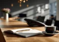 Reception desk setup with office phone, illustrating AI vs live receptionist options for small business