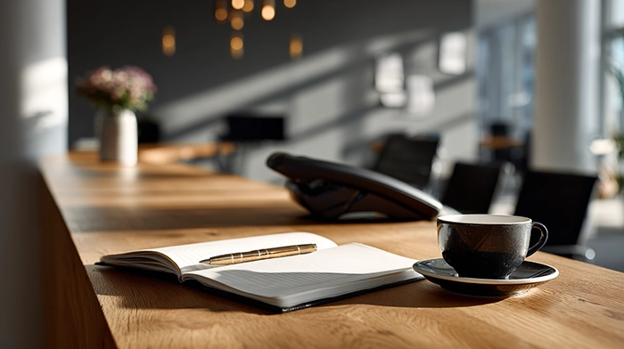 AI Receptionist vs Live Receptionist for Small Business | Alliance Virtual Offices Reception desk setup with office phone, illustrating AI vs live receptionist options for small business