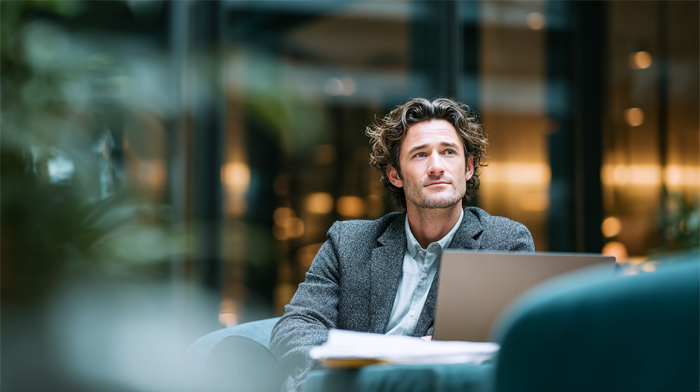 Alliance Virtual Offices vs Opus Virtual Offices- 2026 Service Cost Comparison | Alliance Virtual Offices Professional man in a blazer working on a laptop in a modern, upscale office lounge surrounded by greenery and warm ambient lighting