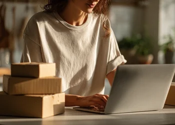 Female entrepreneur managing her online store from home with packages ready to ship