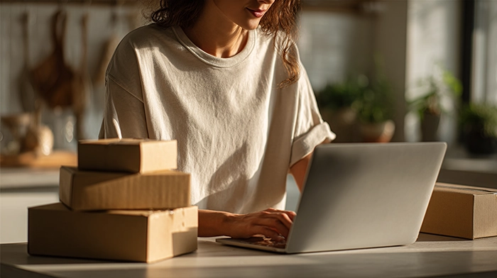 Best Business Address for Your Online Store- Why E-Commerce Sellers Need a Real Address | Alliance Virtual Offices Female entrepreneur managing her online store from home with packages ready to ship