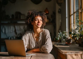 Life coach working remotely from home on laptop in warm natural light setting