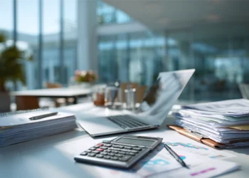 Close-up of a professional desk with a calculator, stacked documents, laptop, and financial charts in a bright modern office.