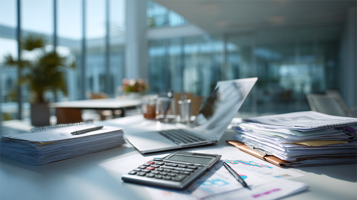 Home Office Deduction vs Virtual Office- Which Saves You More at Tax Time | Alliance Virtual Offices Close-up of a professional desk with a calculator, stacked documents, laptop, and financial charts in a bright modern office.