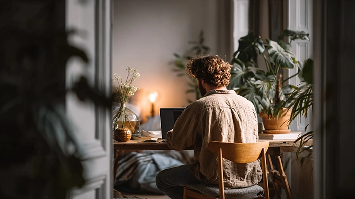 How to Keep Your Home Address Off Public Records Blog | Alliance Virtual Offices Remote worker using laptop at home desk, illustrating the need to keep home address off public records