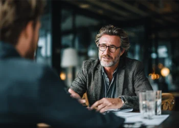 Insurance agent meeting with client across a table in a professional office setting