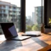 Laptop on a wooden desk by large windows with urban city building view, representing upgrading from a home address to a professional virtual office