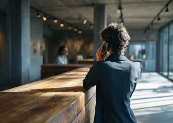 Business professional taking a call on his smartphone in a modern office reception area