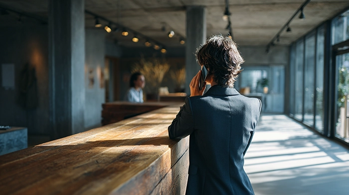Business Phone System Features | Alliance Virtual Offices Business professional taking a call on his smartphone in a modern office reception area