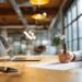 Google Voice for Business in 2026- Is It Still Free_ Best Options Compared | Alliance Virtual Offices Person handwriting on a sheet of paper at a wooden desk, with an open laptop and smartphone nearby, in a modern office space with large windows