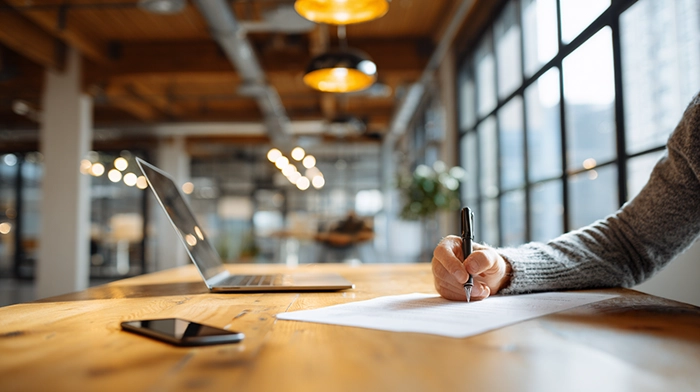 Google Voice for Business in 2026- Is It Still Free_ Best Options Compared | Alliance Virtual Offices Person handwriting on a sheet of paper at a wooden desk, with an open laptop and smartphone nearby, in a modern office space with large windows