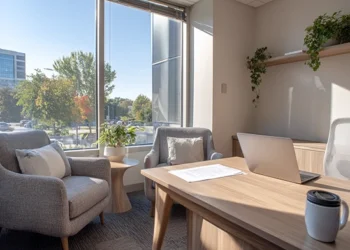 Private, HIPAA-suitable office space with a desk and seating area for confidential client meetings