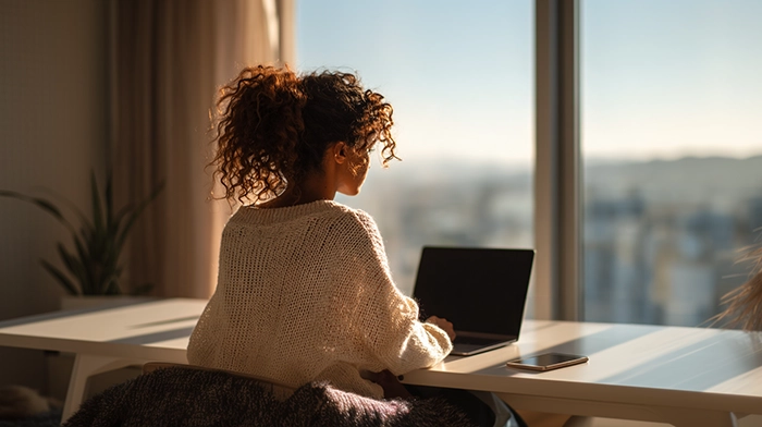 HUMANIZED Virtual Phone System for Small Business | Alliance Virtual Offices Woman working on laptop at home office desk with city view window, using virtual phone system for small business