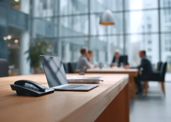 A business phone on a wooden desk in a modern office, with a laptop open beside it and professionals meeting in the background