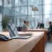 A business phone on a wooden desk in a modern office, with a laptop open beside it and professionals meeting in the background