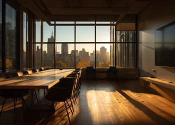A professional meeting room with a long wooden conference table, multiple chairs, and floor-to-ceiling windows overlooking a city skyline at golden hour