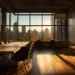 Meeting Room Rental Rates 2026 Cost Guide | Alliance Virtual Offices A professional meeting room with a long wooden conference table, multiple chairs, and floor-to-ceiling windows overlooking a city skyline at golden hour