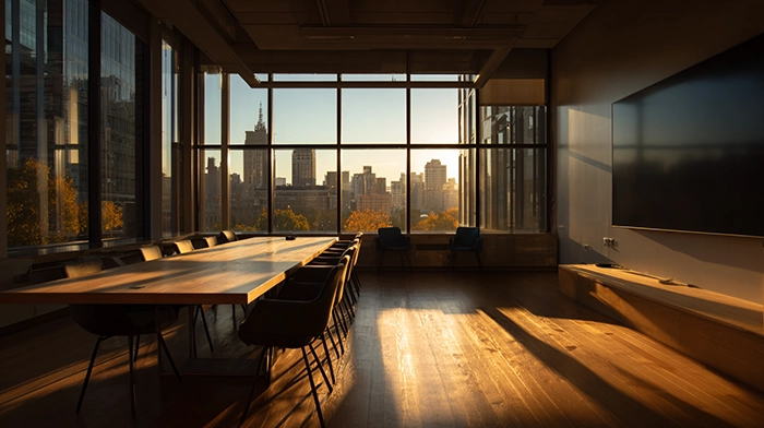 Meeting Room Rental Rates 2026 Cost Guide | Alliance Virtual Offices A professional meeting room with a long wooden conference table, multiple chairs, and floor-to-ceiling windows overlooking a city skyline at golden hour